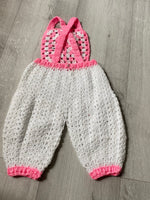 Pink and White Crochet Overalls