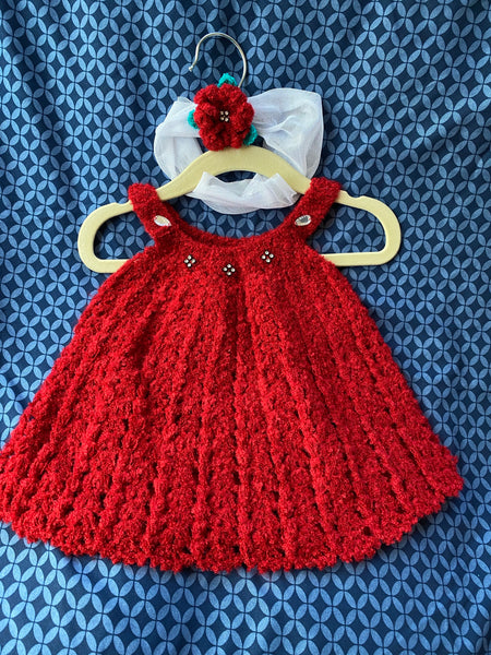 Handmade Red + White Crochet Dress with Headband Size 3-6 months